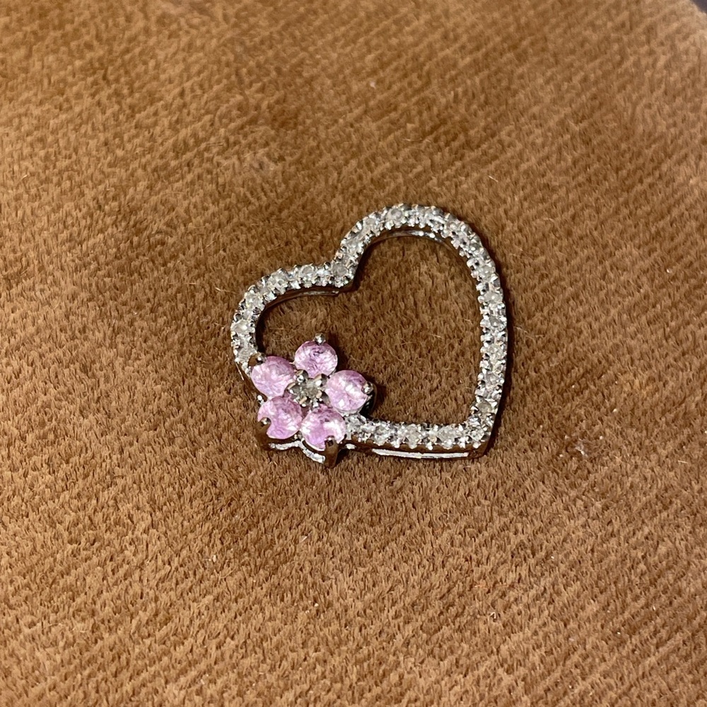 Solid 10K (not 14K) White Gold Diamond Heart Pink Flower Pendant for Necklace